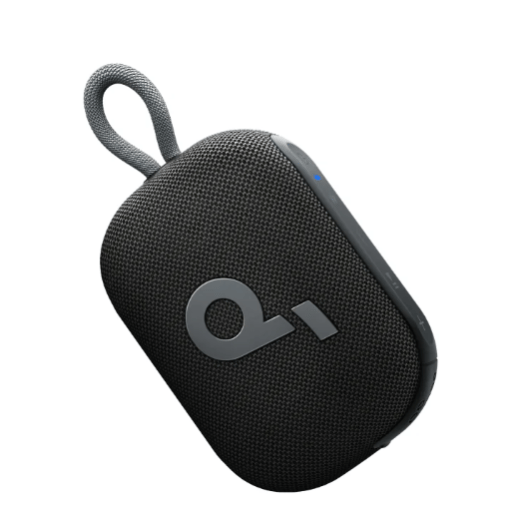 A compact, black portable Bluetooth speaker with a fabric exterior and a loop handle, featuring a minimalistic design with a logo on the front.