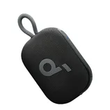 A compact, black portable Bluetooth speaker with a fabric exterior and a loop handle, featuring a minimalistic design with a logo on the front.