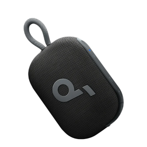 A compact, black portable Bluetooth speaker with a fabric exterior and a loop handle, featuring a minimalistic design with a logo on the front.