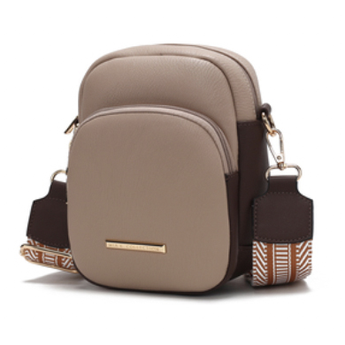 A small beige and brown crossbody bag with two zippered compartments and an adjustable strap featuring a geometric pattern.