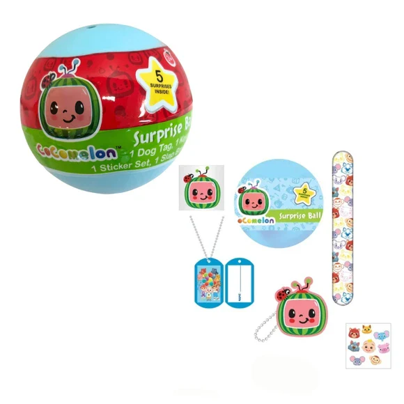 Cocomelon Surprise Ball with 5 surprises includes a dog tag, sticker set, slap bracelet, and keychain, featuring a cute TV character design.