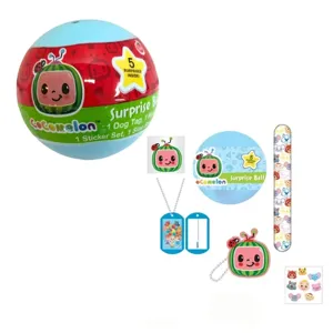Cocomelon Surprise Ball with 5 surprises includes a dog tag, sticker set, slap bracelet, and keychain, featuring a cute TV character design.