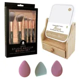 Makeup set with five brushes, each for different applications, a double-sided vanity mirror with a bamboo base drawer, and three makeup sponges in pink, mint, and lavender.