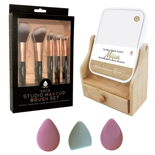 Makeup set with five brushes, each for different applications, a double-sided vanity mirror with a bamboo base drawer, and three makeup sponges in pink, mint, and lavender.