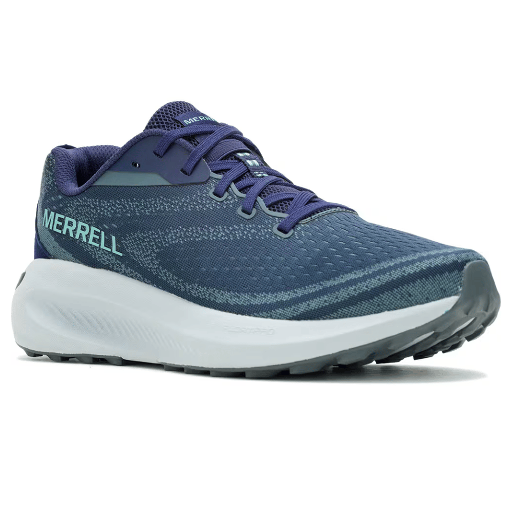 A blue Merrell running shoe featuring a cushioned white sole, lace-up closure, and breathable mesh upper.