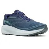 A blue Merrell running shoe featuring a cushioned white sole, lace-up closure, and breathable mesh upper.