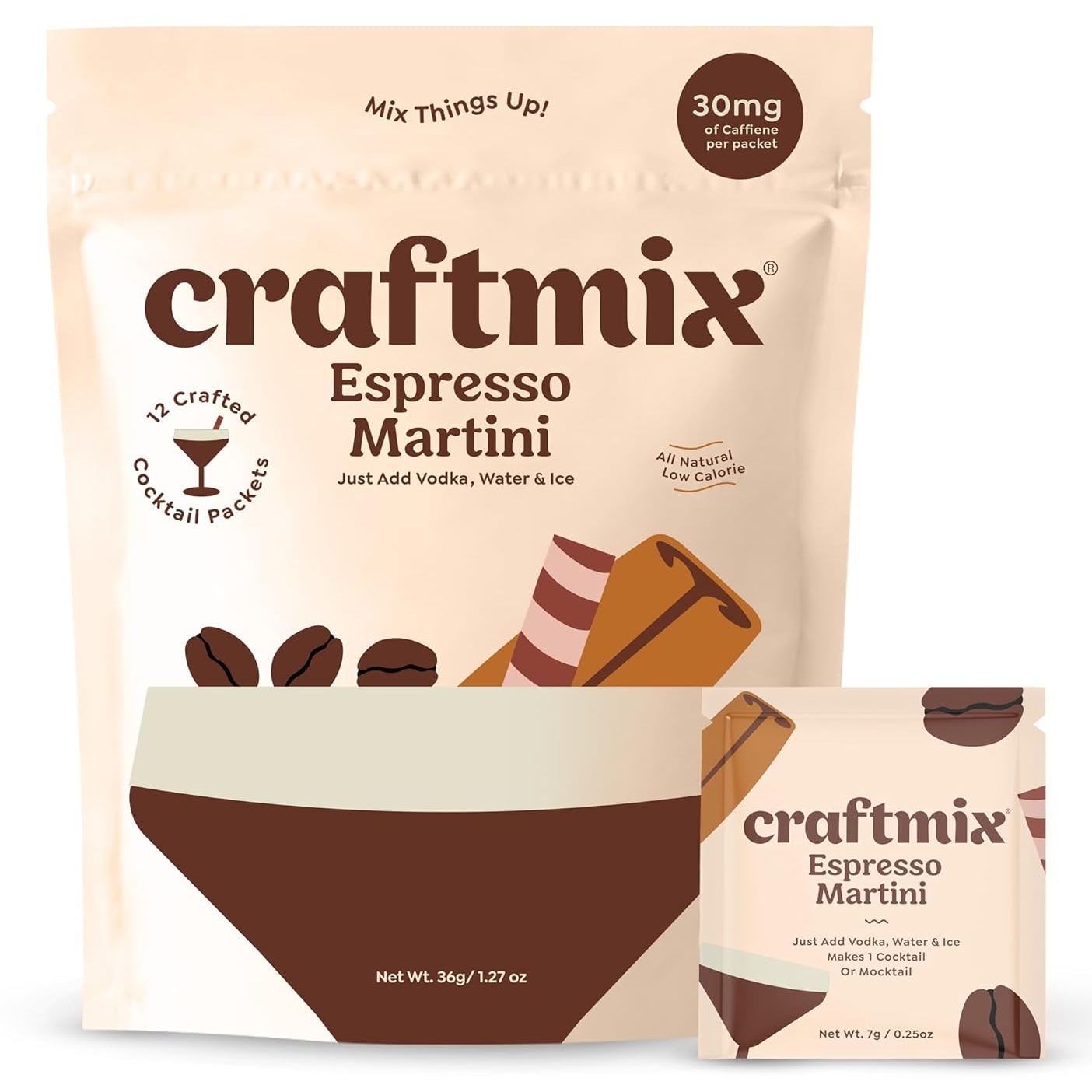 Craftmix Espresso Martini Mixers come in packets with 36g total in a pack, providing 12 crafted cocktail mixes. Just add vodka, water, and ice; each packet contains 30mg of caffeine and is labeled as all-natural and low-calorie.