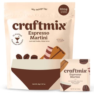 Craftmix Espresso Martini Mixers come in packets with 36g total in a pack, providing 12 crafted cocktail mixes. Just add vodka, water, and ice; each packet contains 30mg of caffeine and is labeled as all-natural and low-calorie.