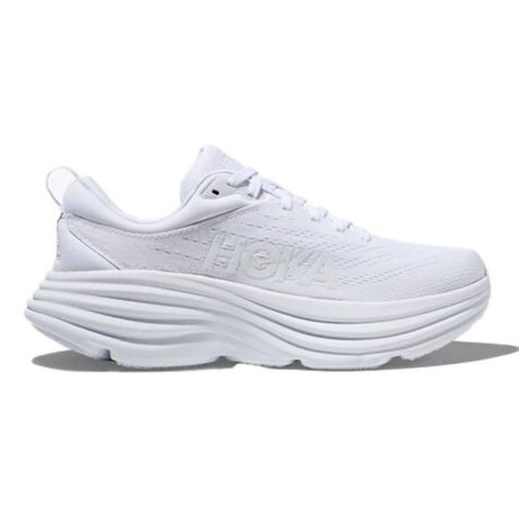A white Hoka running shoe featuring a thick, cushioned sole and the brand's logo on the side.