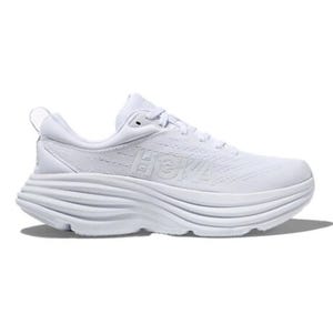 A white Hoka running shoe featuring a thick, cushioned sole and the brand's logo on the side.