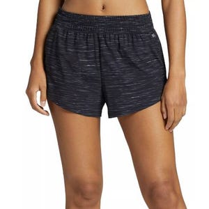 DSG Stride 2.0 Shorts are black with a subtle horizontal stripe pattern, featuring an elastic waistband for a comfortable fit, designed for athletic activities.