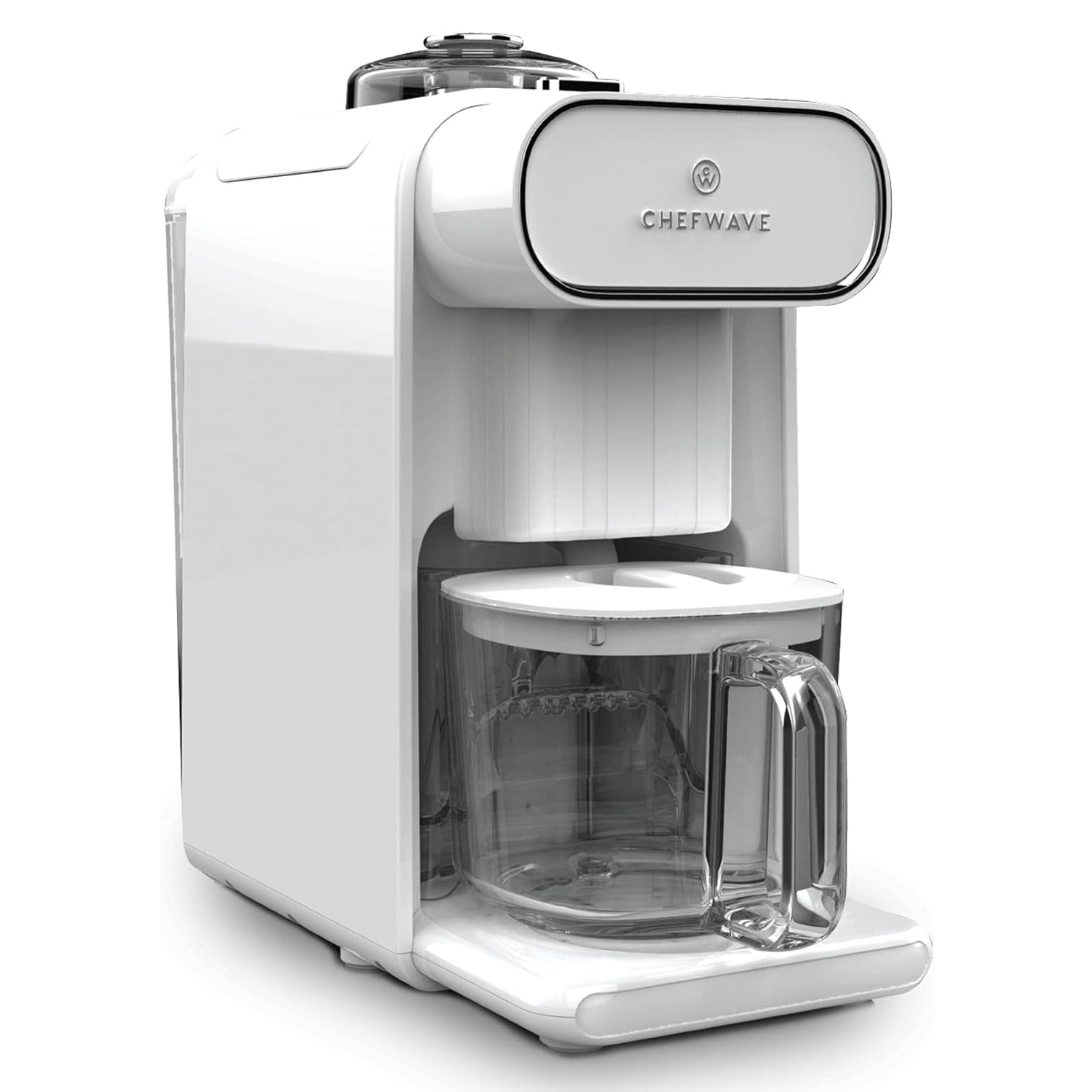 The ChefWave Non-Dairy Milk Maker is a compact, white appliance designed for making plant-based milk at home. It features a transparent carafe and has a sleek, modern design.