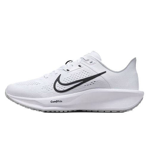 A white athletic shoe with a black swoosh logo, featuring a mesh upper and \“ComfiRide\“ branding on the sole, designed for comfort and performance.