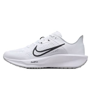 A white athletic shoe with a black swoosh logo, featuring a mesh upper and \“ComfiRide\“ branding on the sole, designed for comfort and performance.