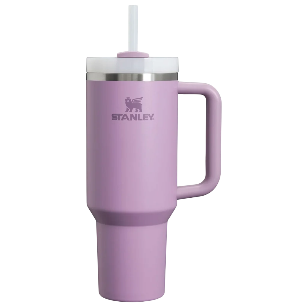 A light purple Stanley cup with a handle and straw, featuring a stainless steel rim and branded logo.