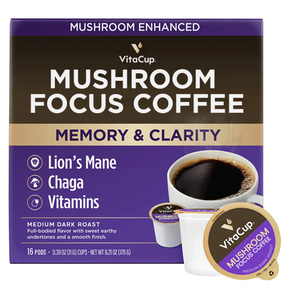 VitaCup Mushroom Focus Coffee for memory and clarity, with Lion's Mane, Chaga, and vitamins. Medium dark roast, 16 pods per box.