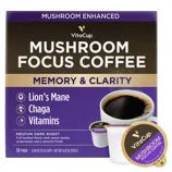 VitaCup Mushroom Focus Coffee for memory and clarity, with Lion's Mane, Chaga, and vitamins. Medium dark roast, 16 pods per box.