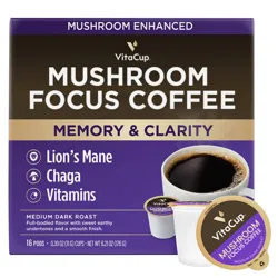 VitaCup Mushroom Focus Coffee for memory and clarity, with Lion's Mane, Chaga, and vitamins. Medium dark roast, 16 pods per box.
