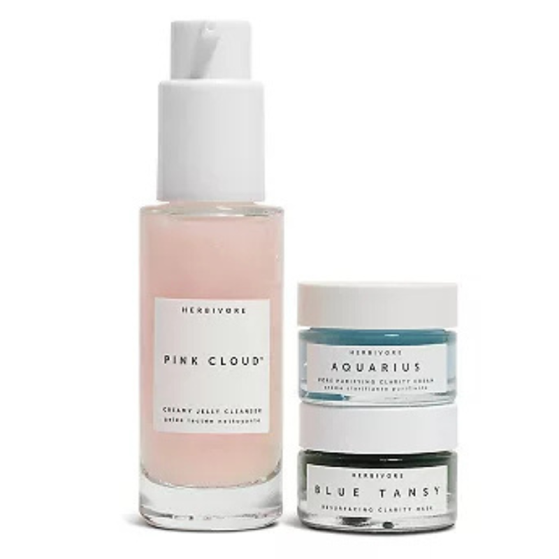 The 3pc Waves of Clarity Skincare Set includes a Pink Cloud Creamy Jelly Cleanser, an Aquarius Pore Purifying Clarity Cream, and a Blue Tansy Resurfacing Clarity Mask.
