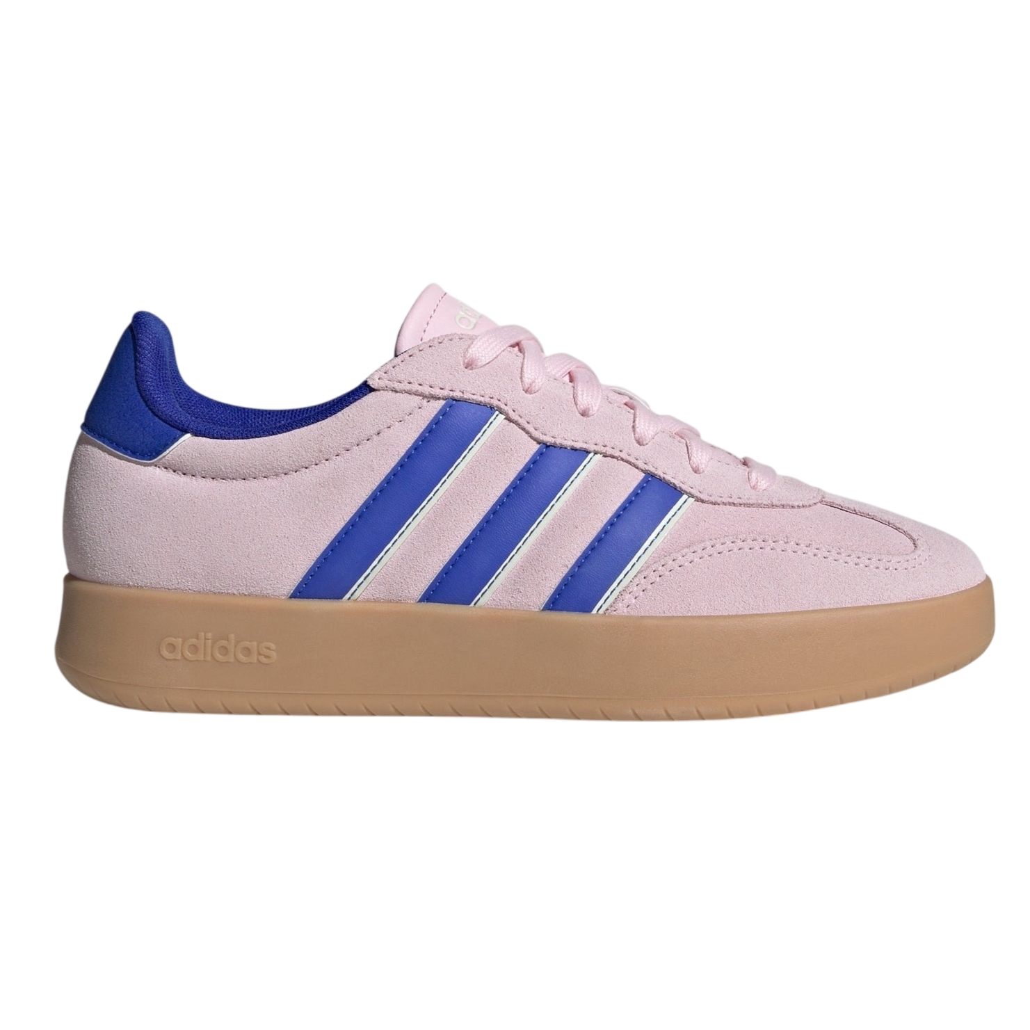 Pink Adidas sneaker with blue stripes, suede upper, and gum sole.