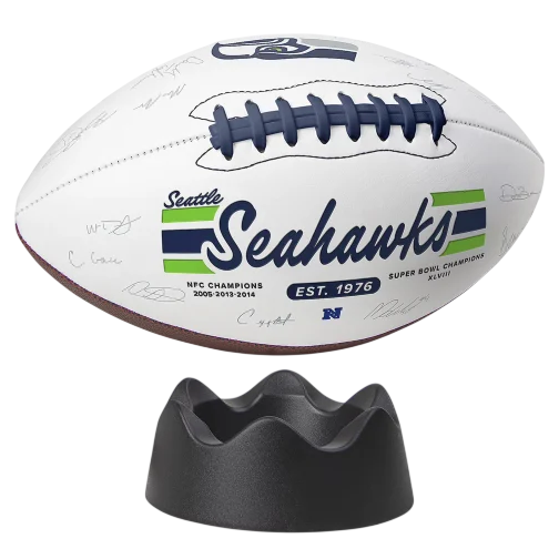 Seattle Seahawks football with team logo, NFC and Super Bowl champion details, includes a black display stand.