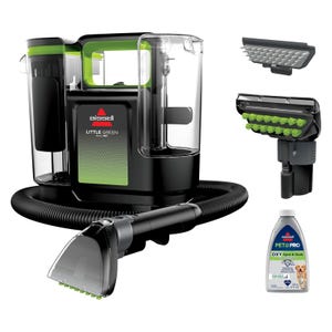 The Bissell Little Green Max Pet Cleaner is a compact carpet cleaner with attachments for pet stain removal and a bottle of Oxy Spot & Stain remover. It features a clear tank, hose, and interchangeable cleaning heads.