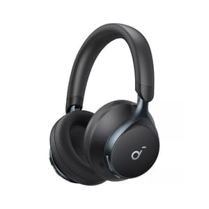 Soundcore noise-cancelling headphones with over-ear design feature a sleek black finish, comfortable padded ear cups, and a broad headband, ideal for immersive audio experiences.