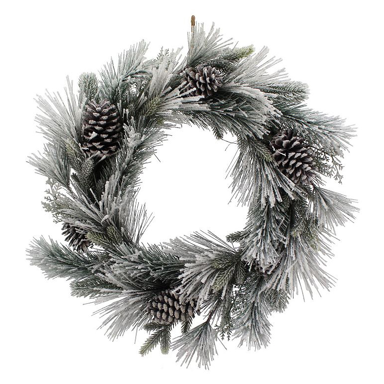 A snow-flocked wreath adorned with frosted pine needles and several pinecones, creating a wintry, festive look.