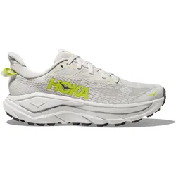 A white and light gray Hoka running shoe with lime green accents, featuring a thick cushioned sole and mesh upper for breathability.
