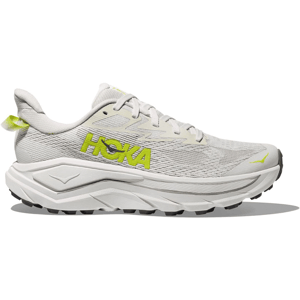 A white and light gray Hoka running shoe with lime green accents, featuring a thick cushioned sole and mesh upper for breathability.