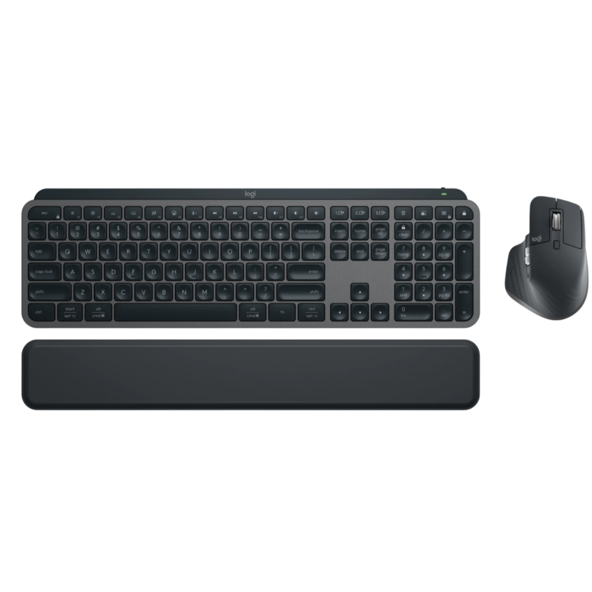 A wireless keyboard and mouse set featuring a full-size keyboard with a numeric keypad and a contoured ergonomic mouse, both in a dark color scheme.