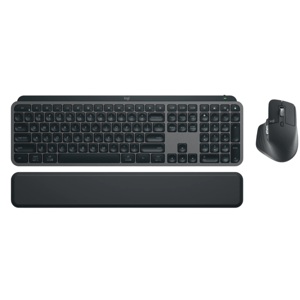 A wireless keyboard and mouse set featuring a full-size keyboard with a numeric keypad and a contoured ergonomic mouse, both in a dark color scheme.