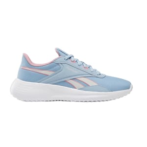 Light blue Reebok sneaker with pink and white accents, featuring a white sole and lace-up design.