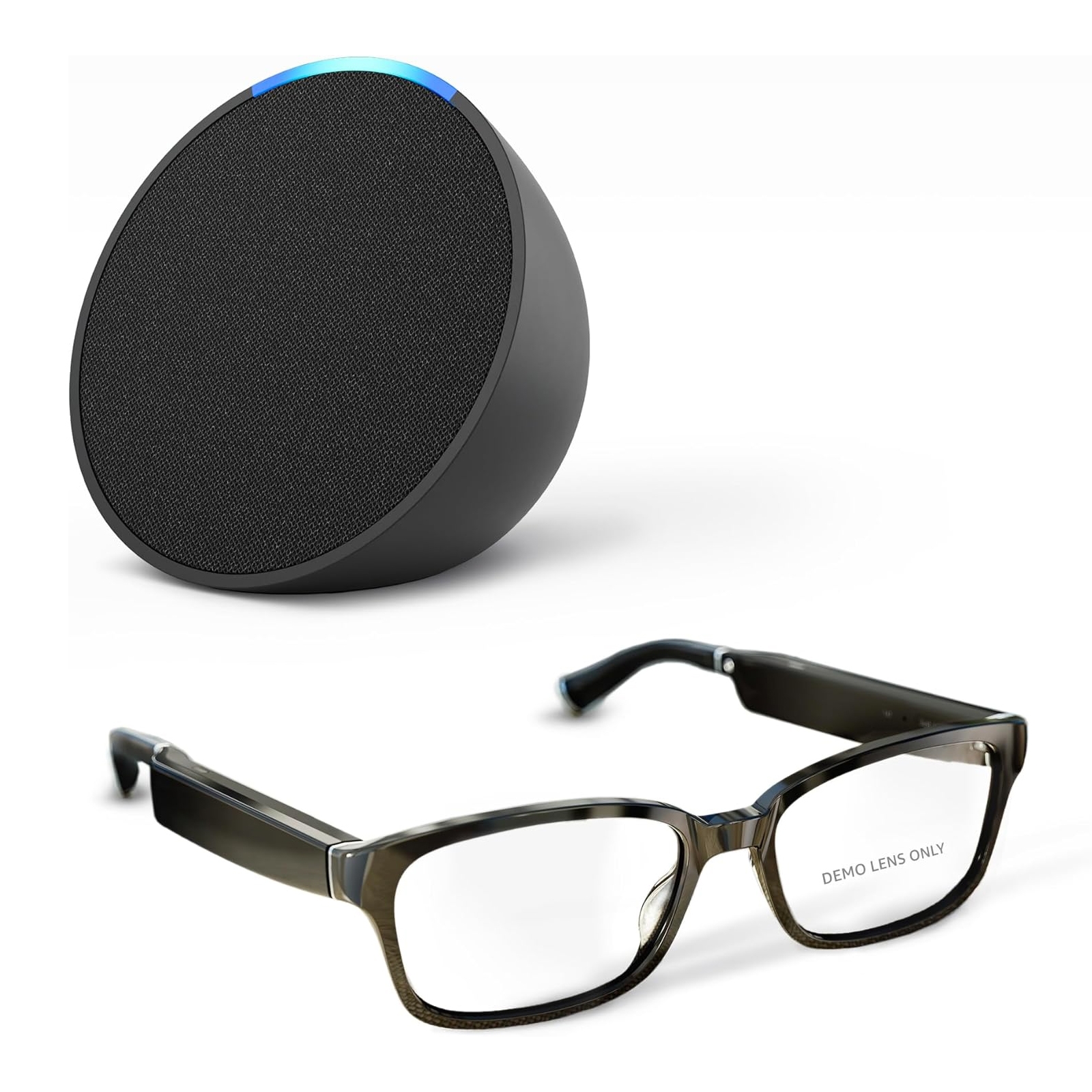 Smart glasses with the text \“DEMO LENS ONLY\“ on the lens, and a smart speaker with a glowing blue accent on top.