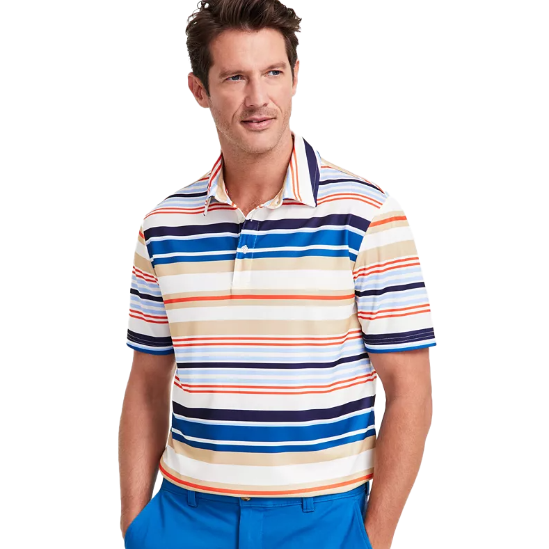 A short-sleeve polo shirt with horizontal stripes in blue, orange, beige, and white. The shirt features a buttoned collar, with a relaxed fit, and is paired with bright blue pants.