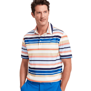 A short-sleeve polo shirt with horizontal stripes in blue, orange, beige, and white. The shirt features a buttoned collar, with a relaxed fit, and is paired with bright blue pants.