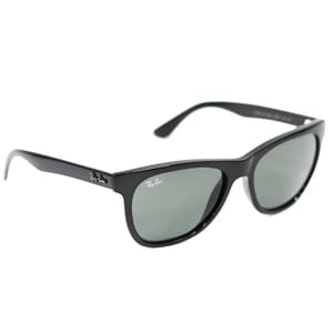 Black Ray-Ban Wayfarer sunglasses with the brand logo on the arms and upper corner of one lens, featuring a classic trapezoidal frame shape and green lenses.