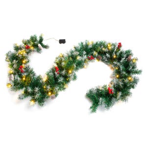 A nine-foot-long, pre-lit cordless garland featuring greenery, white lights, red berries, and pine cones, suitable for holiday decoration.