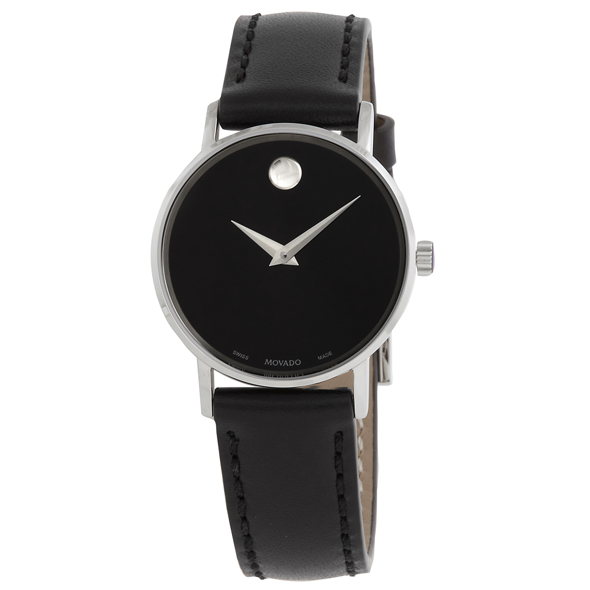 Women's Movado watch with a black dial, minimalist design featuring a single silver dot at 12 o’clock, silver hands, and a black leather strap. The case is stainless steel.