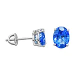 Silver stud earrings with oval-shaped blue gemstones, featuring a screw-back design for secure fastening.