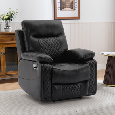 Black faux-leather recliner with a quilted backrest and armrests, featuring a cup holder on the right arm and an extended footrest.
