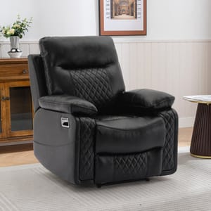 Black faux-leather recliner with a quilted backrest and armrests, featuring a cup holder on the right arm and an extended footrest.