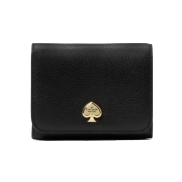 A black leather wallet with a gold spade logo embossed on the front.