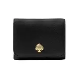 A black leather wallet with a gold spade logo embossed on the front.