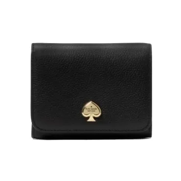 A black leather wallet with a gold spade logo embossed on the front.