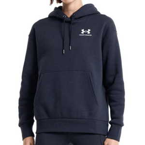 Under Armour fleece hoodie in navy with a front kangaroo pocket, adjustable drawstring hood, and white logo on the chest for warmth and comfort.
