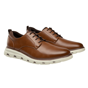 Brown leather lace-up shoes with a white athletic sole, combining casual and formal elements for versatile wear.