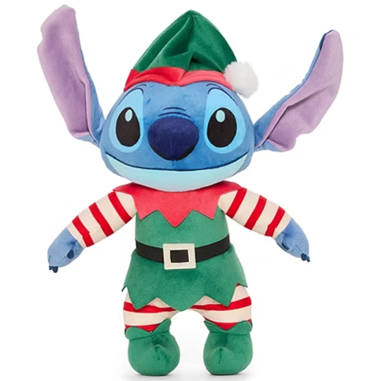 A plush toy of Stitch from Lilo & Stitch dressed as a holiday elf, featuring a green elf outfit with a red and white striped shirt, a black belt, and a green hat with a white pom-pom.