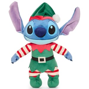 A plush toy of Stitch from Lilo & Stitch dressed as a holiday elf, featuring a green elf outfit with a red and white striped shirt, a black belt, and a green hat with a white pom-pom.