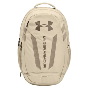 A tan Under Armour backpack with a large logo and vertical branding on the front, featuring multiple compartments and zipper closures.